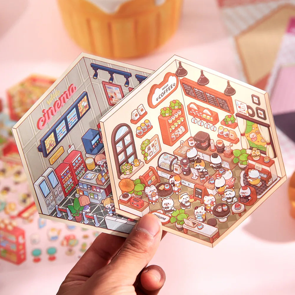 Mr Paper 45Pcs Scenes Cartoon Landscape Sticker Book Forest Village DIY 3D Sticker Cabin Scene Pocket Birthday Gift for Kid Qme