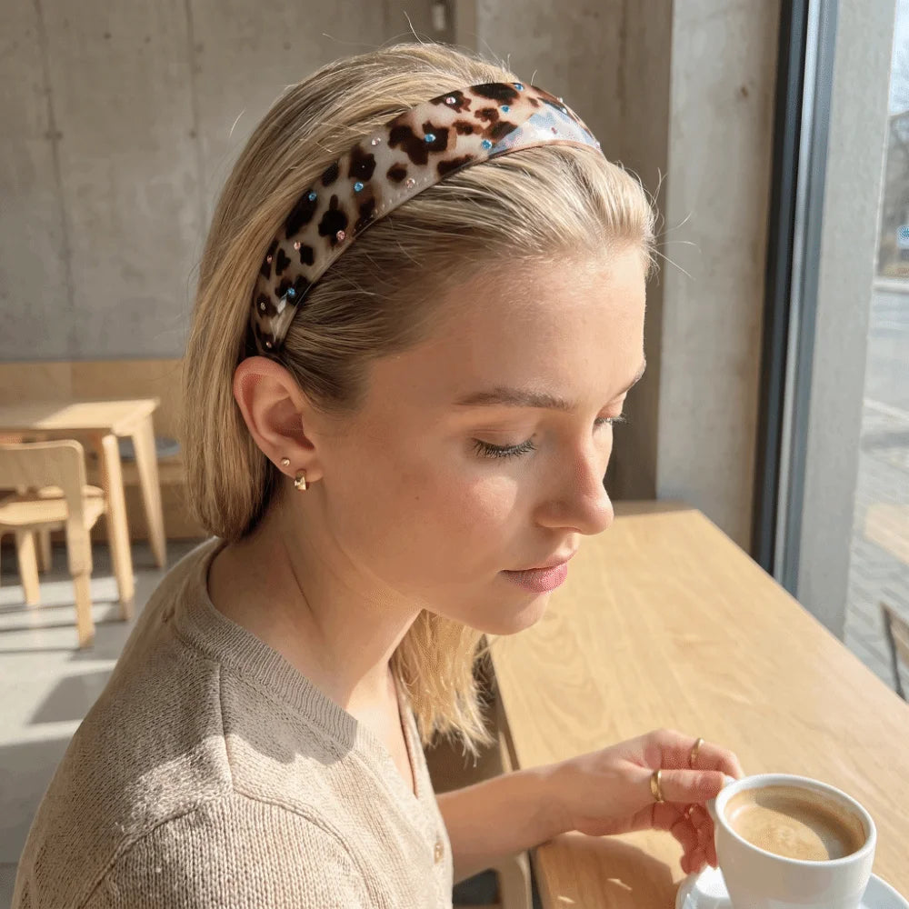 Luxury Colorful Acrylic Rhinestone Headbands Leopard Print Non-slip Wide Hair Hoops Shiny Vintage Hair Accessories Daily Qme