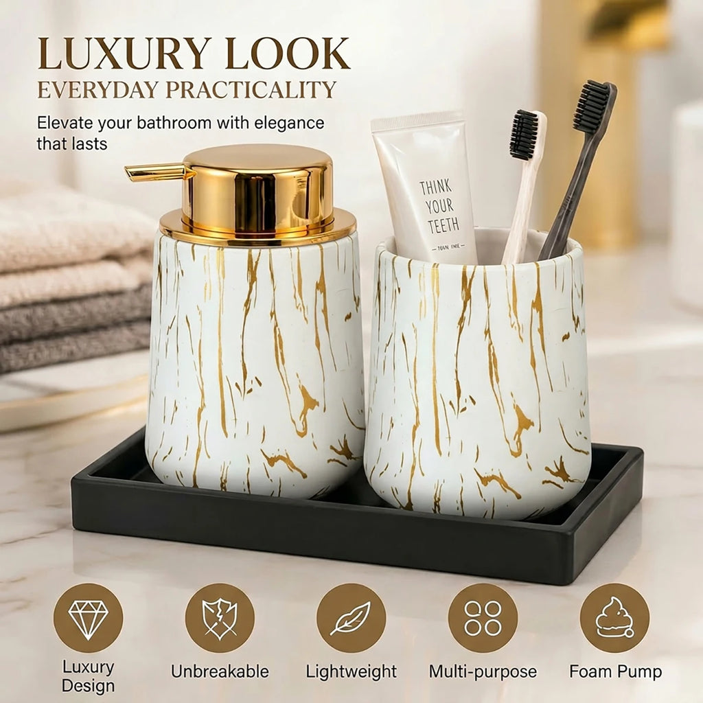 Luxury White Marble Bathroom Accessories Set Foaming Soap Dispenser Toothbrush Holder Unbreakable Plastic Gold Decor Vanity Set Qme