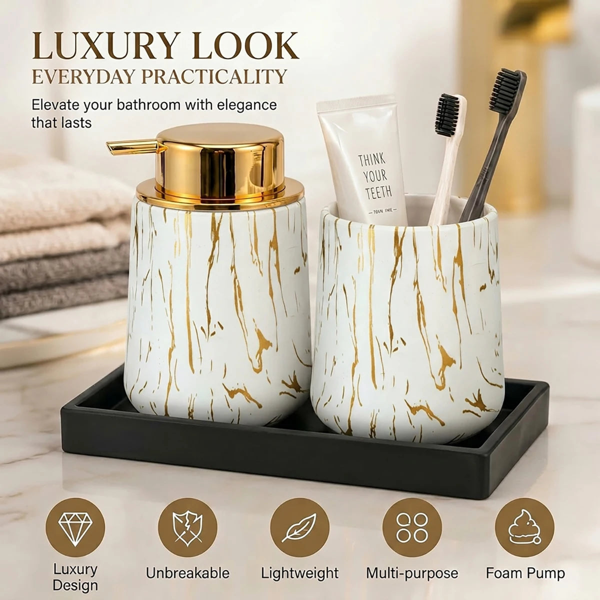 Luxury White Marble Bathroom Accessories Set Foaming Soap Dispenser Toothbrush Holder Unbreakable Plastic Gold Decor Vanity Set Qme