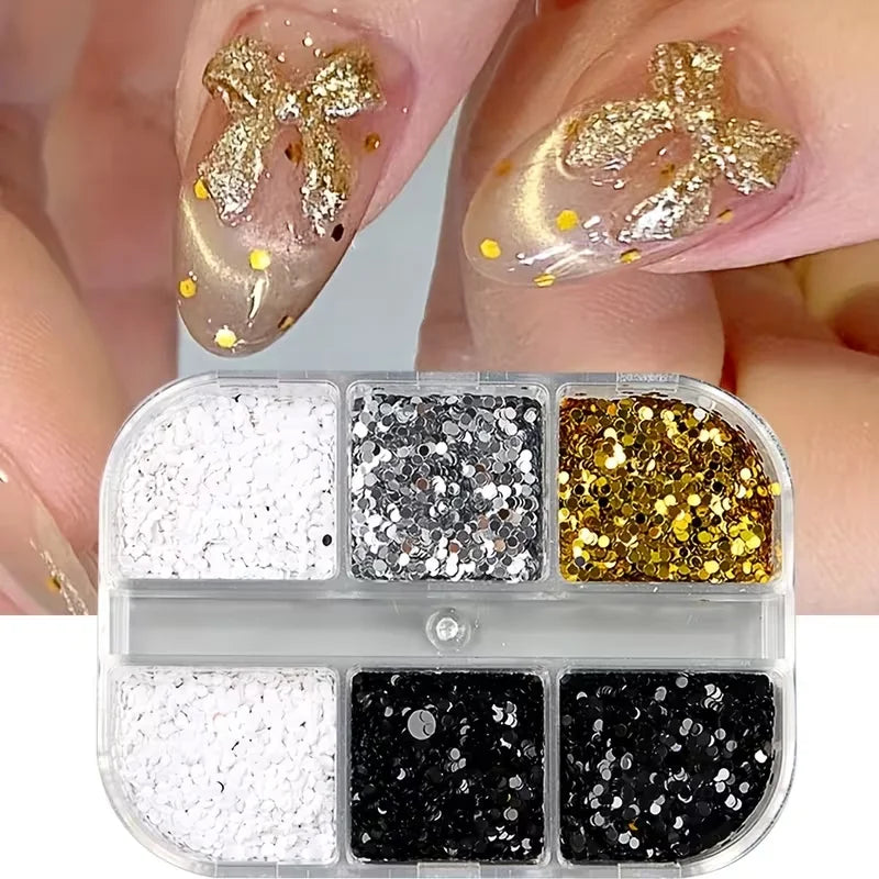 6-compartment Mixed-size Round Nail Art Glitter DIY Charm Decorations Qme