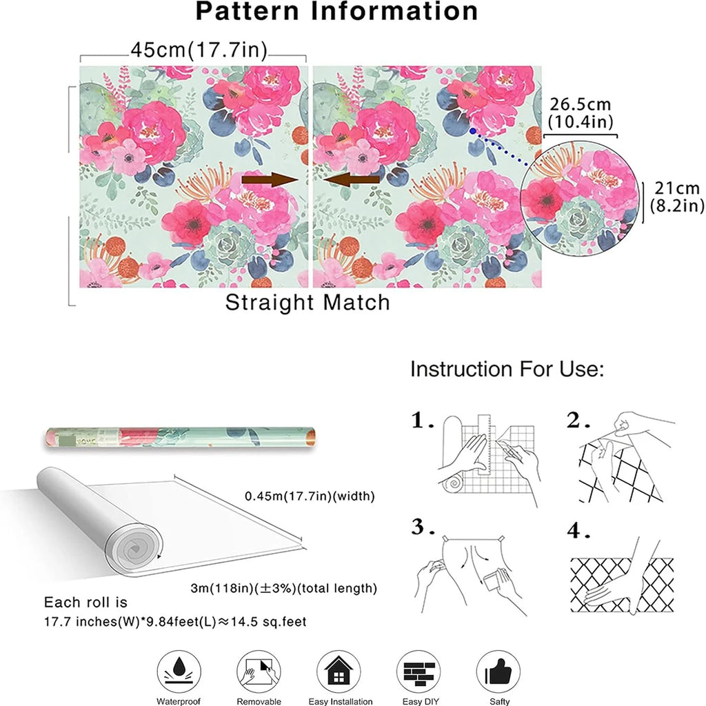 Floral Self Adhesive Wallpaper Waterproof Removable Wall Decal Qme