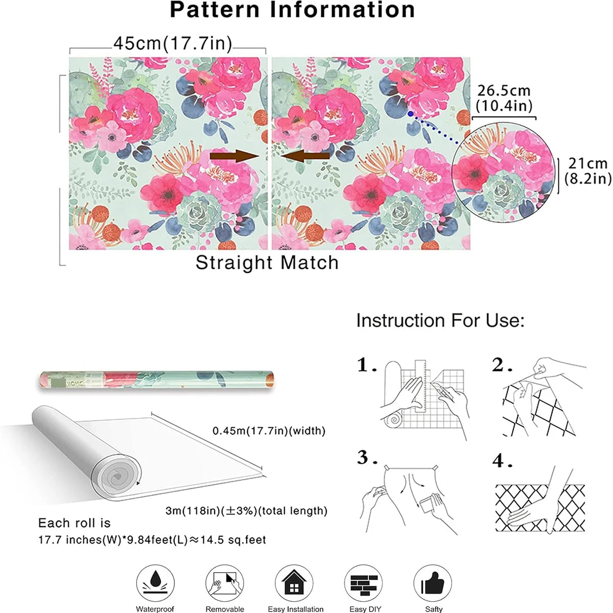 Floral Self Adhesive Wallpaper Waterproof Removable Wall Decal Qme