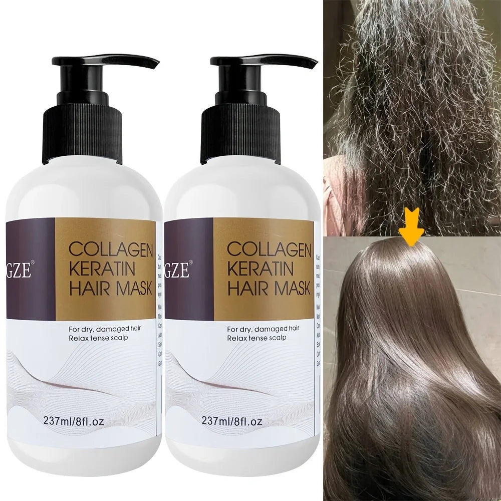 2 Pack GZE Collagen Keratin Hair Mask Deep Conditioning for Dry, Damaged Hair Restores Elasticity- for Healthy, Beautiful Hair Qme Smoothing & Straightening