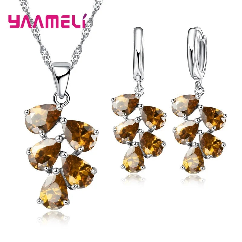 Anniversary Gift For Women Trendy 925 Sterling Silver Color Jewelry Sets Cubic Zirconia Pendants Necklaces Charm Hoop Earrings Qme Champagne