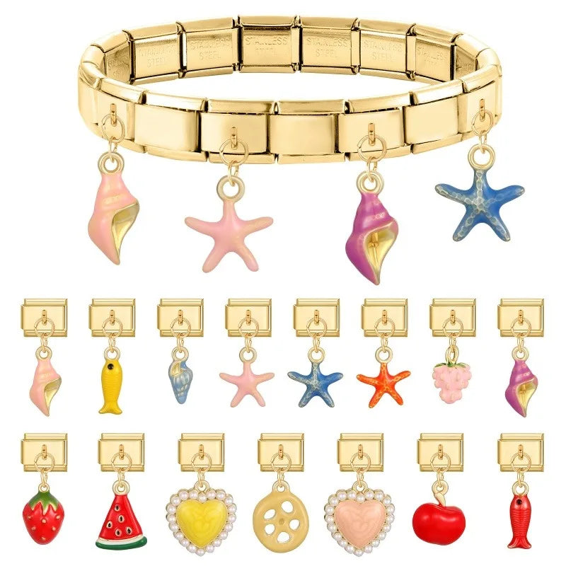 New Lotus Root Slices Stars Apple Gold Color Pendant Italian Charm Links Fit 9mm Stainless Steel Bracelet Women DIY Making Gifts Qme