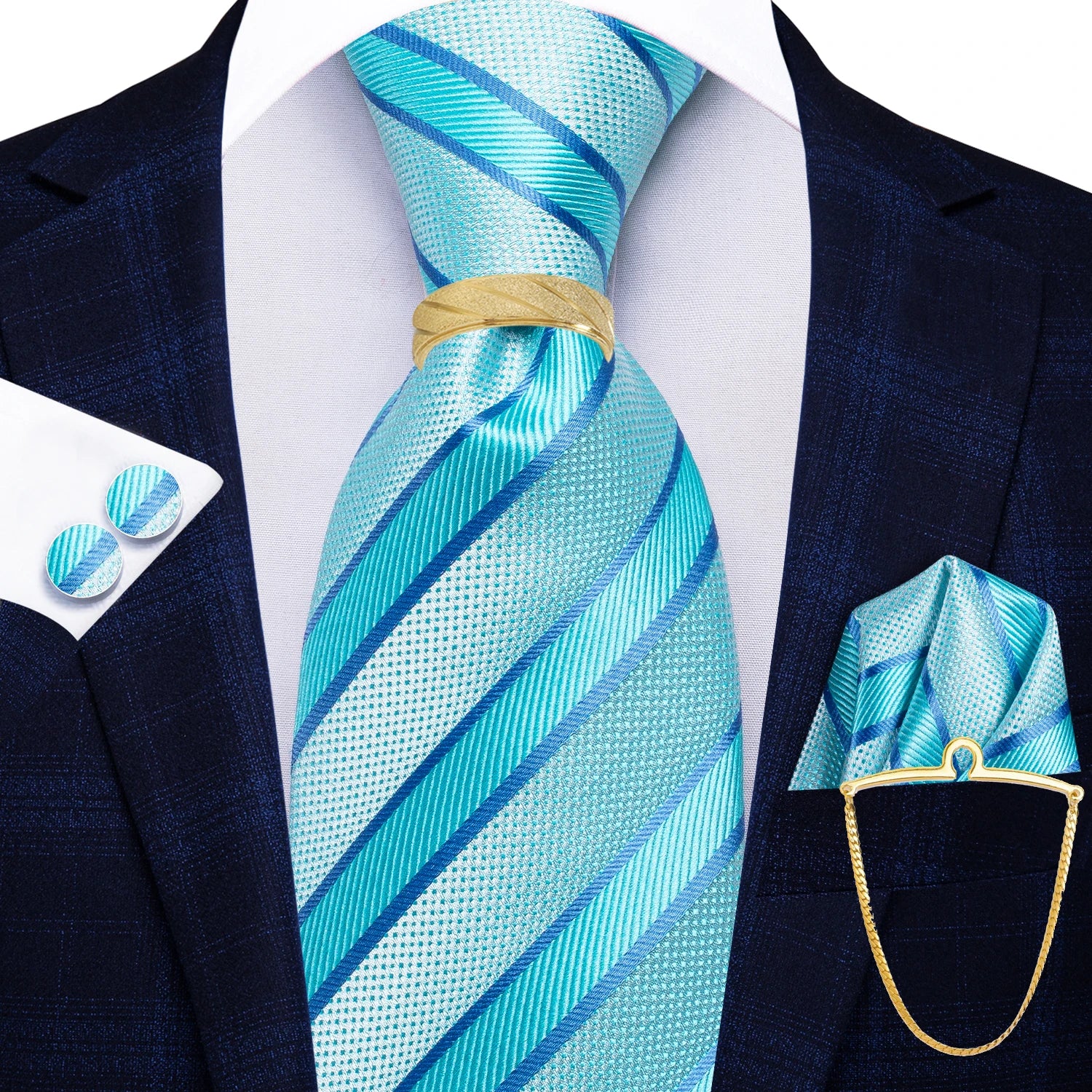 Hi-Tie 5PCS Mens Necktie With Hankie Cuffs Ring Chain-Gift Tie Set Fit Wedding Prom Office Fashion Design Quality Dropshipping Qme N-3746-DPTJ01-LZ01