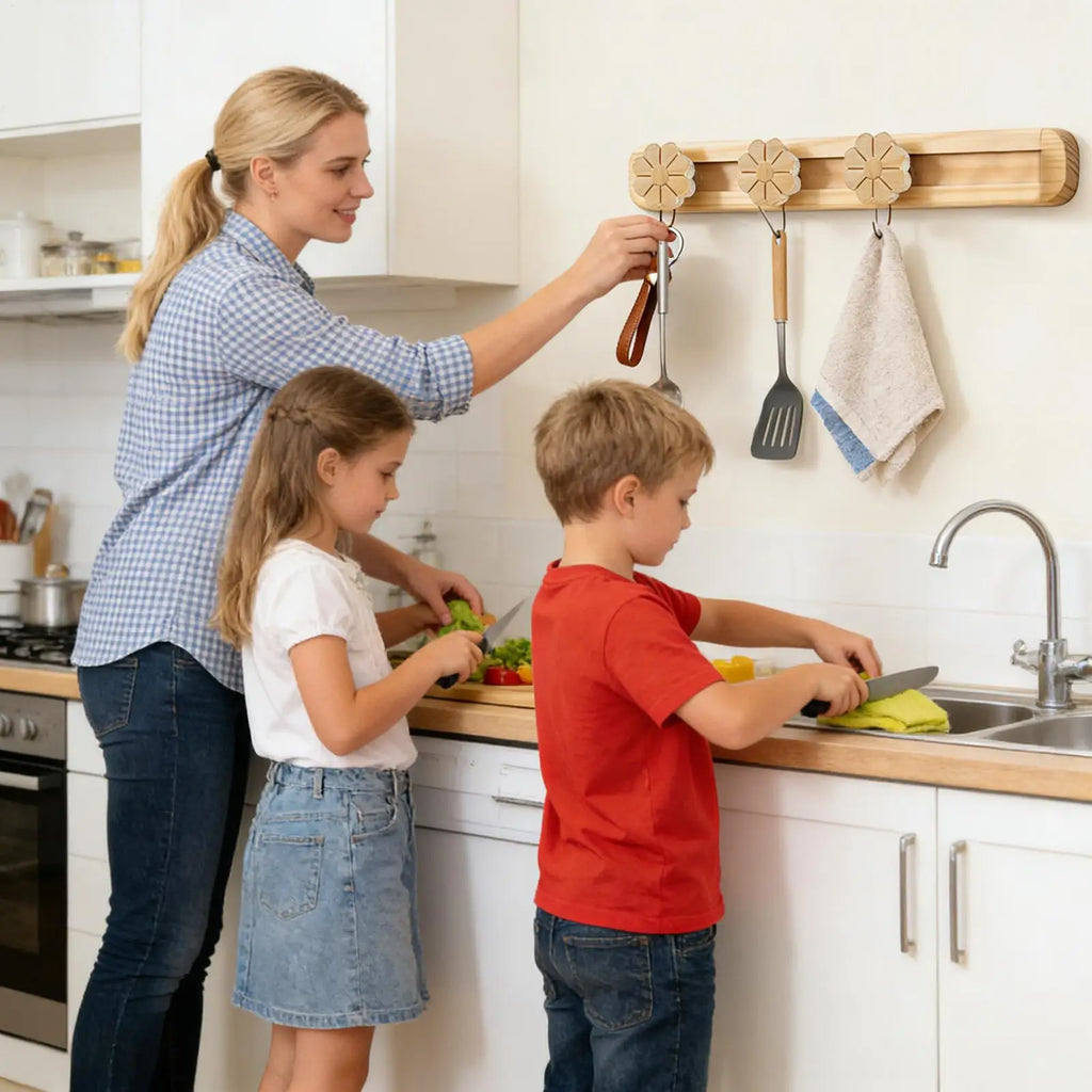 Coat Rack Wall Mount Wooden Clothes Holder Hat 3 Movable Hooks Qme