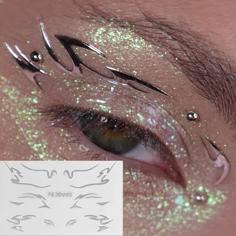 3D Metallic Punk Silver Eye Shadow Stickers Metal Eyeliner Decals Self-adhesive Futuristic Festival Party Eye Makeup Stickers Qme