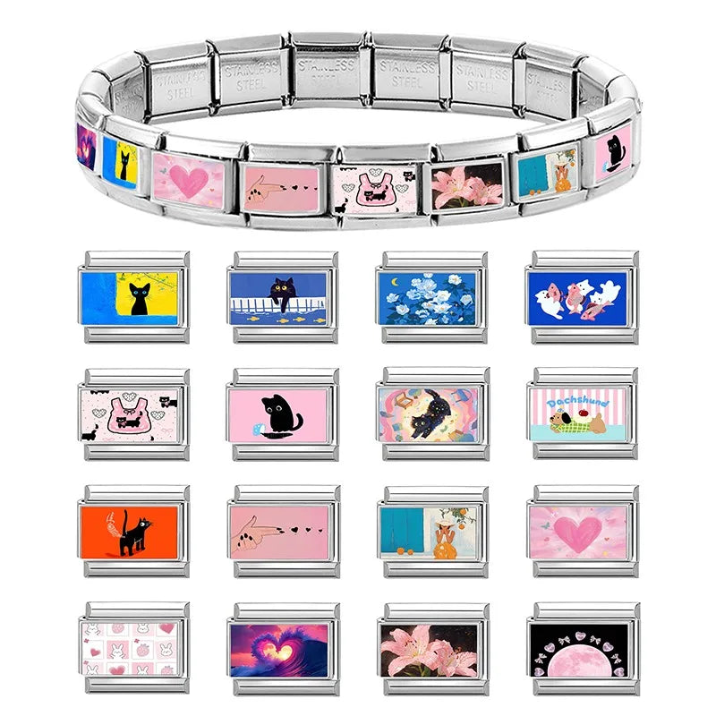 9mm Charm Links Bracelet Stainless Steel Y2K Kawai Cute Cats Listen to music Look at the moon Italian Men Women DIY Making Gifts Qme