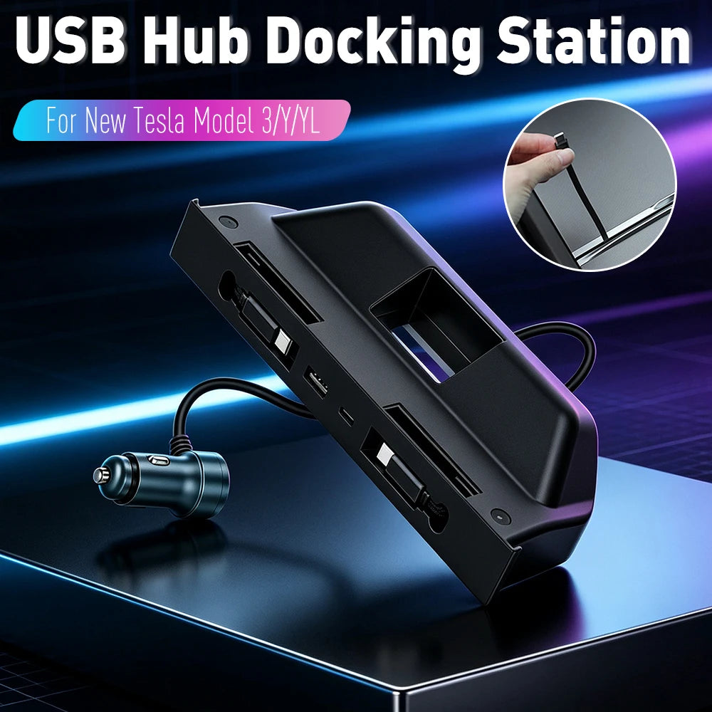 Charger Expansion Dock for Tesla ModelY/YL/3 Muti-Ports Charging Hub 60W Dual Type-C Retractable Cables for Center Console Qme
