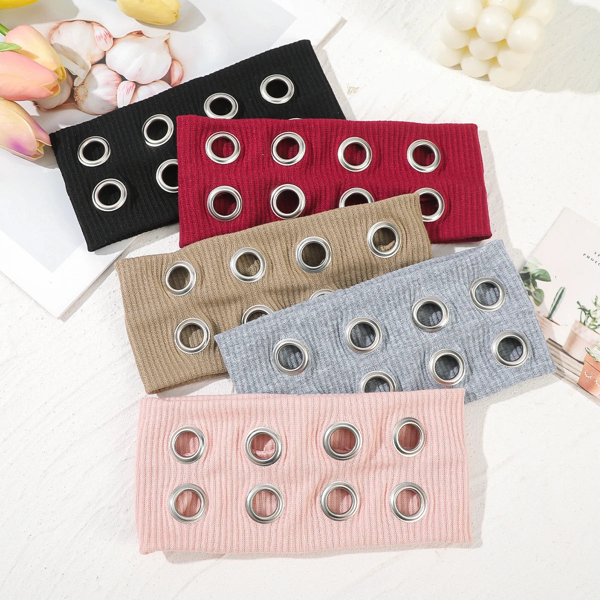 Punk Girl Fabric Hollow Elastic Headbands Metal Rock Personalized Hollow Eyelets Hair Band Casual Sports Grommet Headband Qme