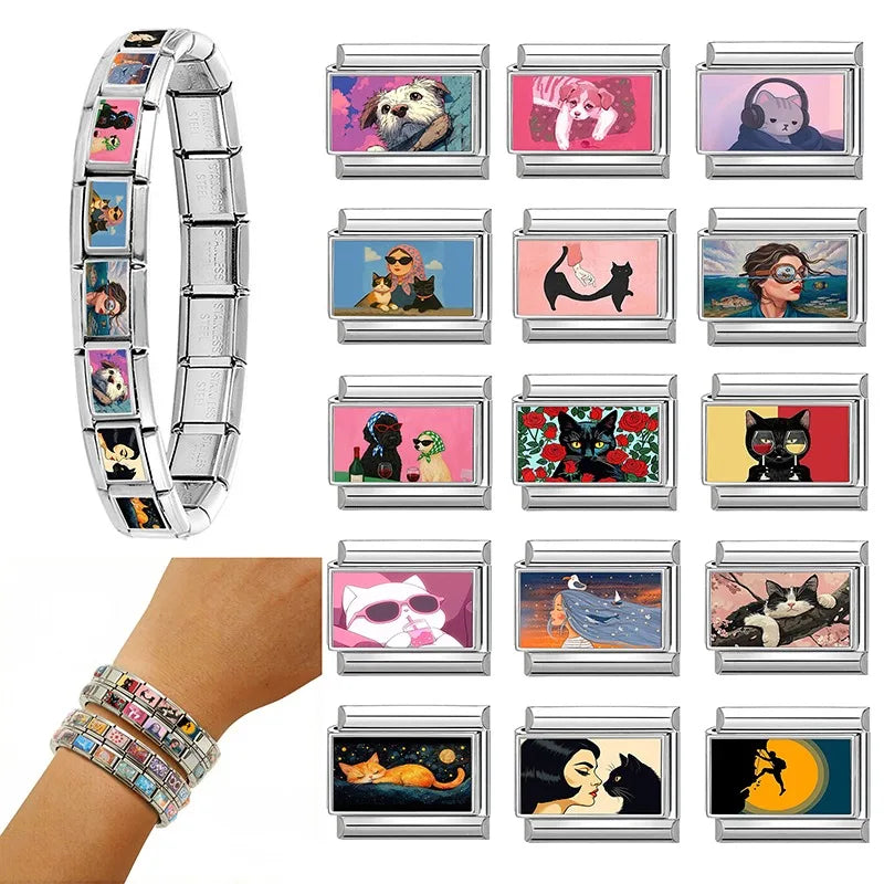 Wholesale Fashion Personalized DIY Colored Italian Charm Bracelet Red Rose Flower Cats Bead 9mm Bracelet Stainless Steel Jewelry Qme