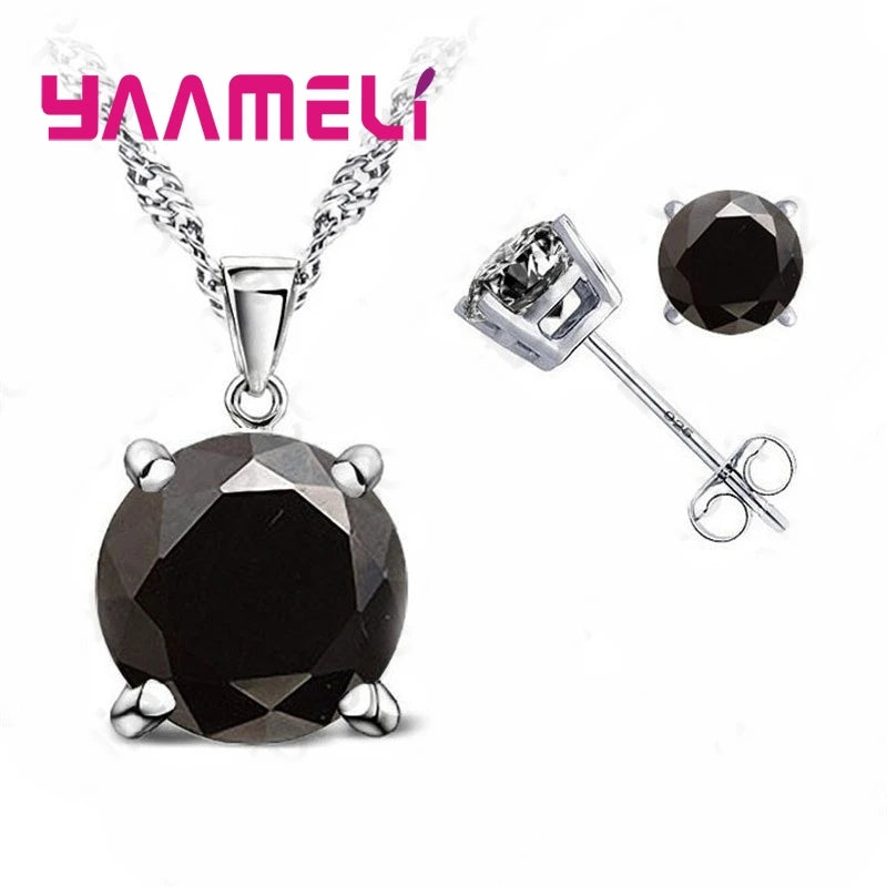 Good Quality 925 Sterling Silver Color Jewelry Sets for Woman Classic Claw Setting Cubic Zirconia Stud Earring Pendant Necklace Qme