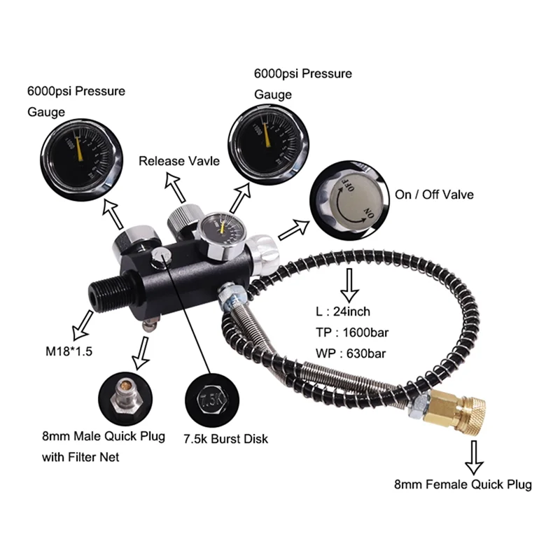 A02F-Valve Scuba Adapter With Gauge Tank Filling Station Refill For Air Tank Bottle Cylinder Diving Kit Qme