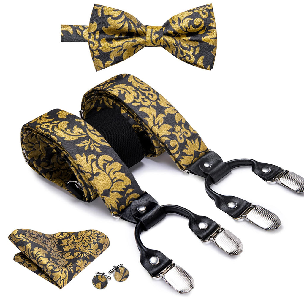 Hi-tie Jacquard Woven Silk Gold Mens Suspender Braces Bow Tie Hanky Qme BD-3027