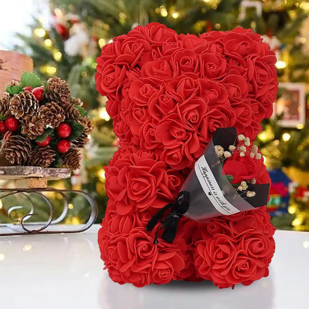 Flower Bear 9.45in Artificial Forever Flower Rose with Clear Box Romantic Gift for Her Handmade Valentine Bear for Home Decor Qme