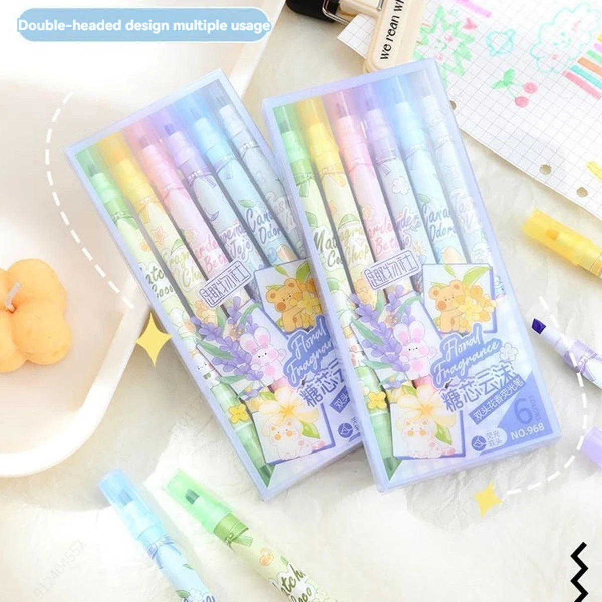6Pcs/Set Dual Tip Fragrance Fluorescent Markers Pastel Drawing Pen for Student School Office Supplies Cute Stationery Qme