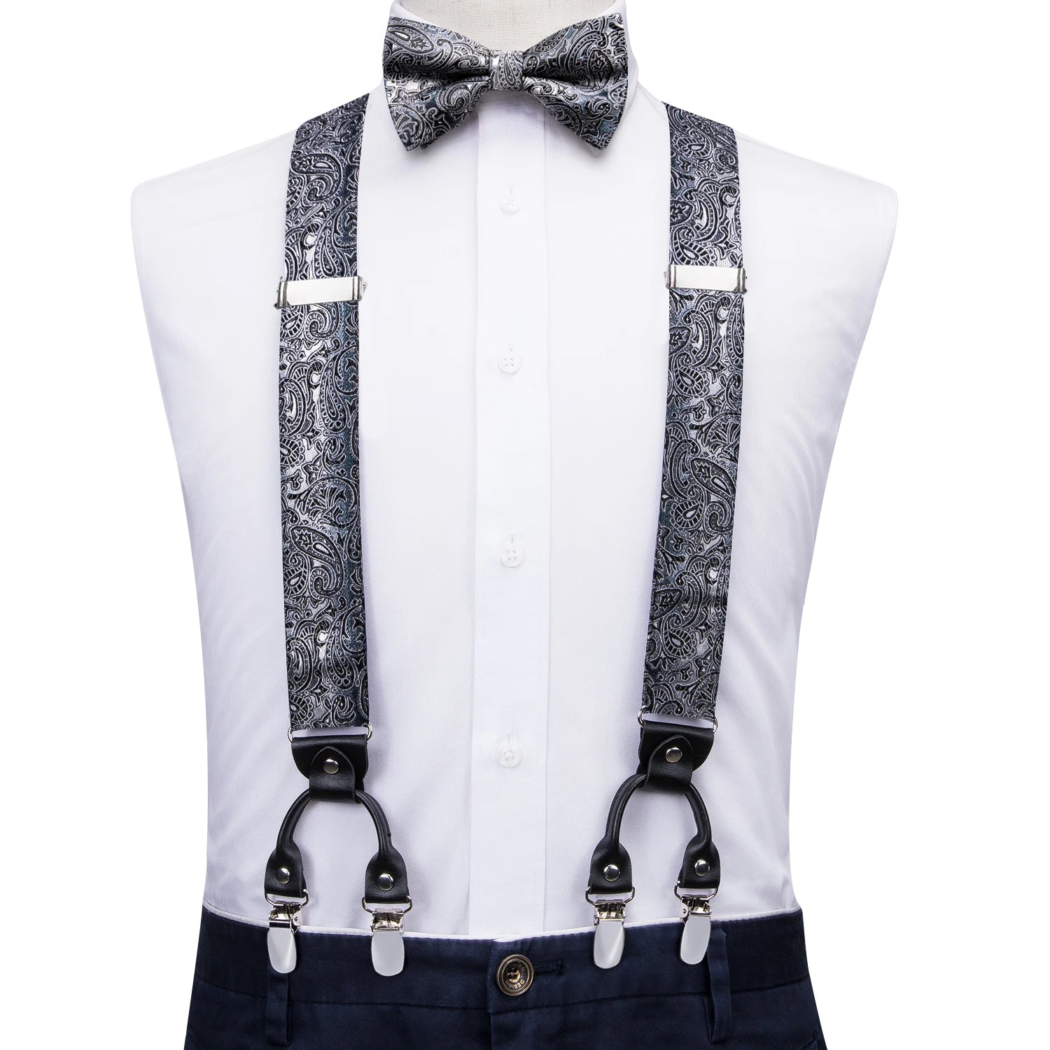 Silk Woven Mens Suspenders Bow Tie Hanky Cufflinks Strength 6 Clips Qme BD-3063