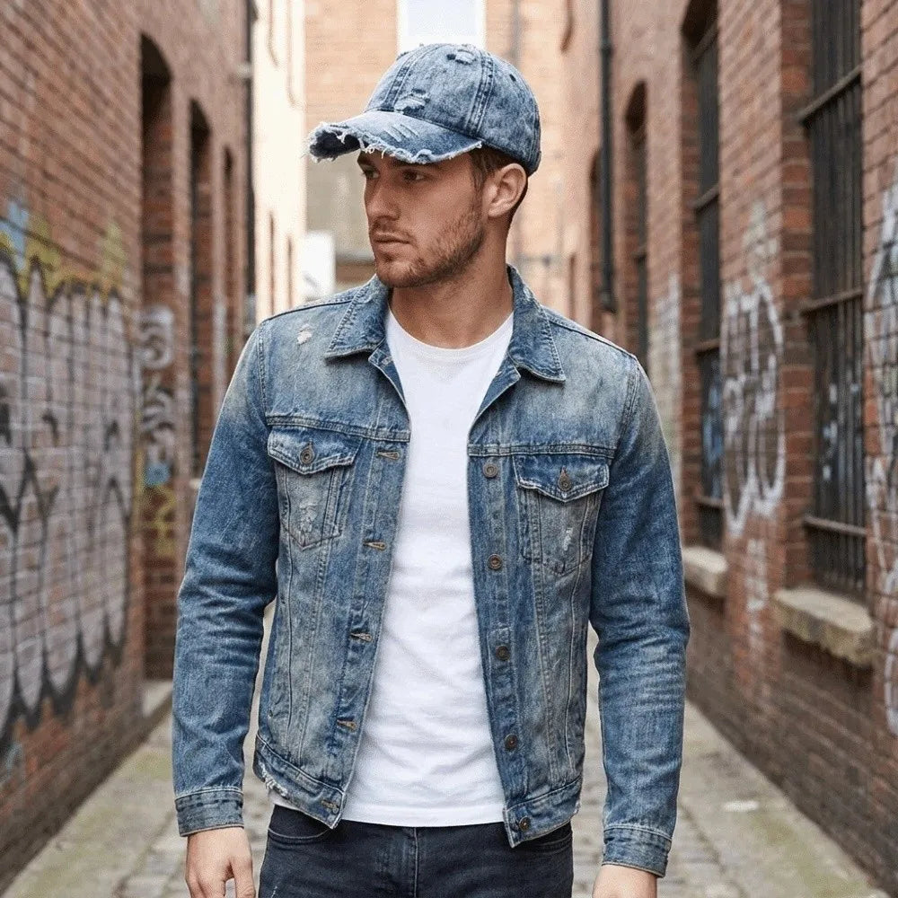Vintage Washed Denim Baseball Cap Distressed Ripped Fringe Frayed Qme