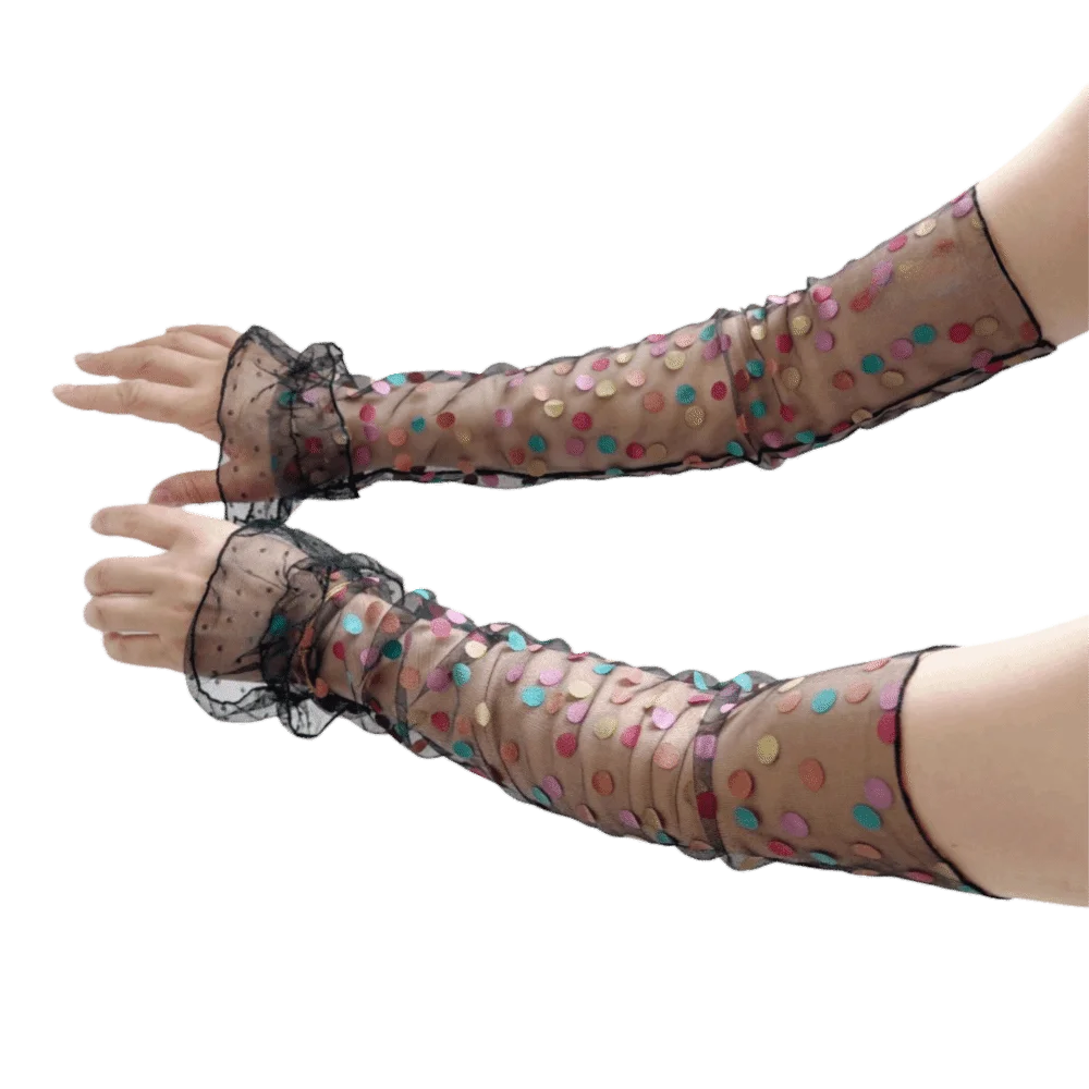Breathable Lolita Arm Sleeves Polka Dot Pattern Transparent Mesh Sunscreen Sleeves Cloth Bow Bridal Gloves Sun Blocking Qme Black Polka Dot