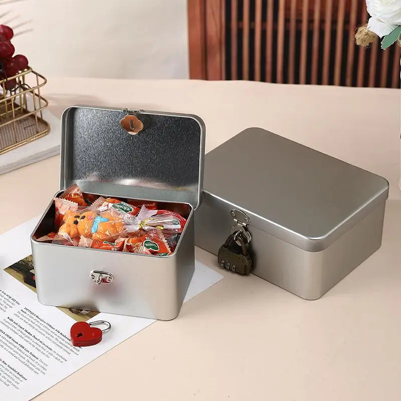 Silver Lockable Tin Storage Box Multifunctional Desktop Metal Jewelry Qme