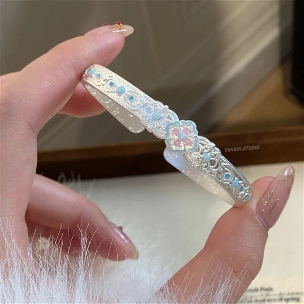 Chinese Style Fresh Retro Enamel Court Opening Bangle Bracelet Simple and Versatile Fairy Jewelry Bracelet Gift Qme