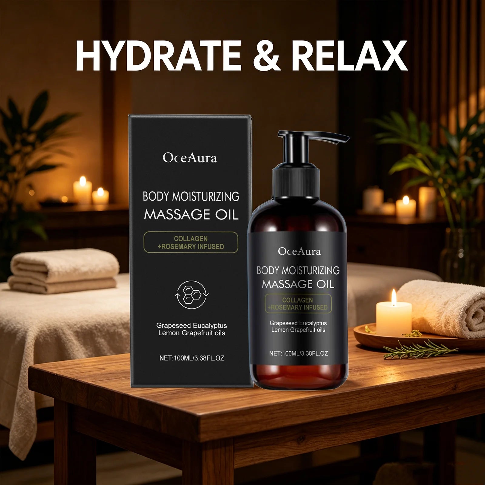 Oceaura Body Moisturizing Massage Oil Collagen Rosemary Infused Light Qme