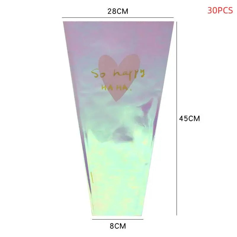 30Pcs Colorful Transparent Flower Packaging Bag Waterproof Laser Love Bouquet Packaging Paper Straight Bag Bouquet Packaging Qme L