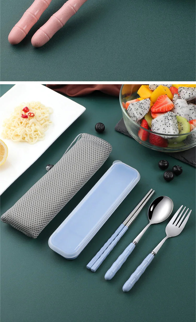 Portable Wheat Straw Cutlery Stainless Steel Spoon Fork Chopsticks Qme
