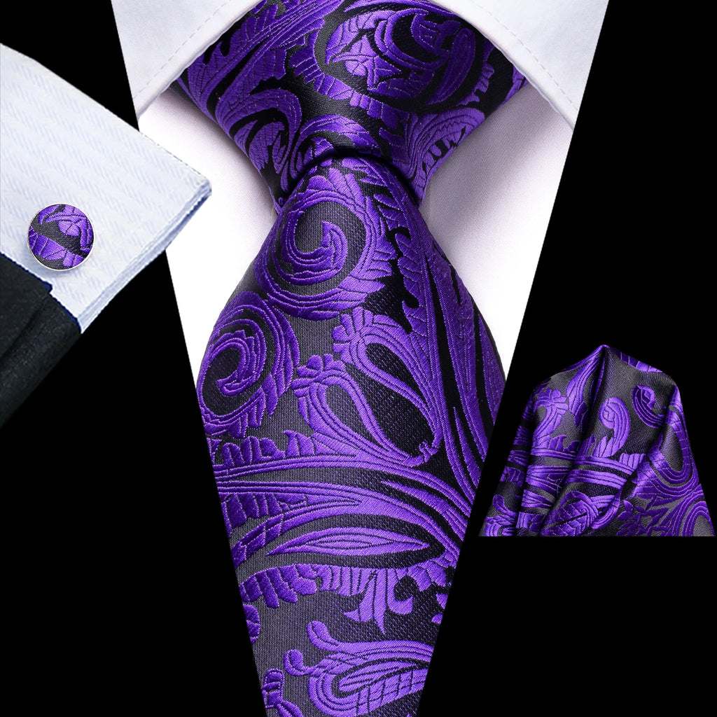 Hi-Tie 3pcs Mens Tie Purple Floral Stripes Solid Necktie Pocket Square Cufflinks Set Wedding Formal Casual Office Party Qme LDSN3458
