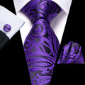 Hi-Tie 3pcs Mens Tie Purple Floral Stripes Solid Necktie Pocket Square Cufflinks Set Wedding Formal Casual Office Party Qme LDSN3458