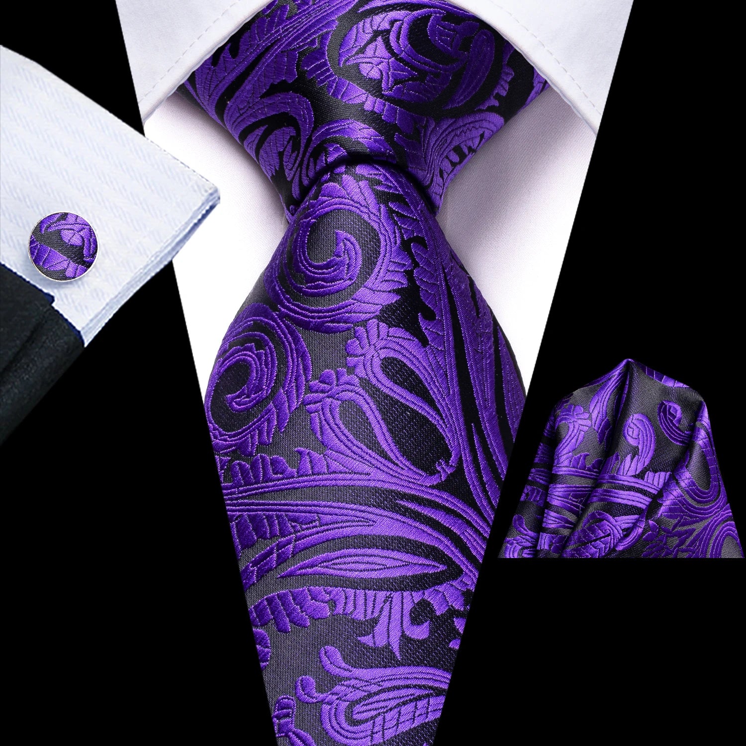 Hi-Tie 3pcs Mens Tie Purple Floral Stripes Solid Necktie Pocket Square Cufflinks Set Wedding Formal Casual Office Party Qme LDSN3458