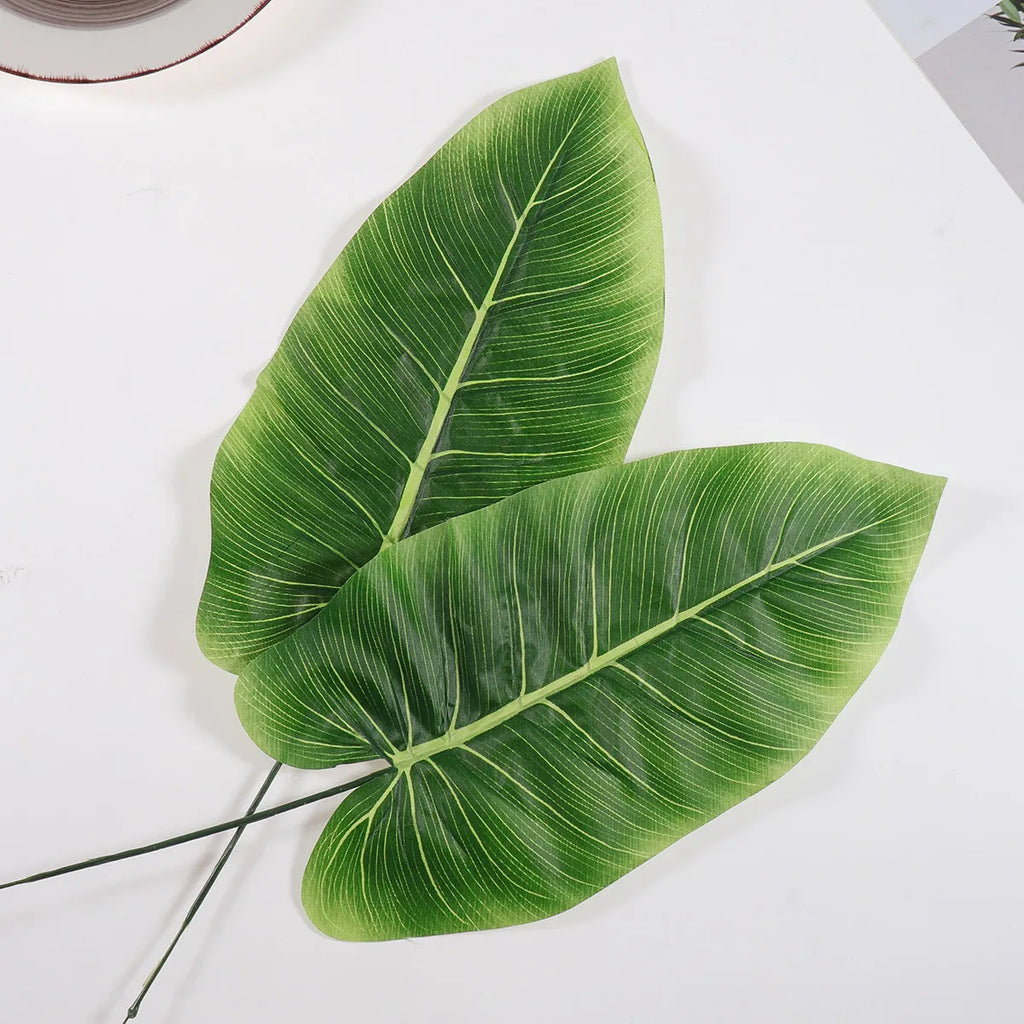 2Pcs Artificial Green Leaves with Flexible Steel Stem for Home Party Jungle Theme Decor Photo Prop Premium Plastic Fabric Faux Qme