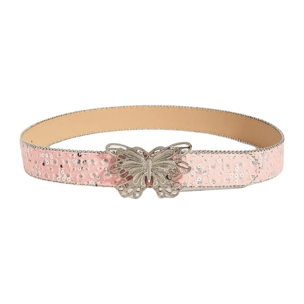 Fashion Sequins Butterfly Belt Y2K Hip Hop Wide Belt Punk Korean Style Denim Waistbands Daily Qme Pink