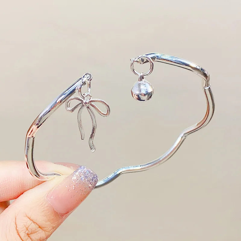 Simple and Irregular Titanium Steel Cute Open bangle Adjustable Butterfly Bell Bowknot Heart Shaped Women's Girl Bracelet Qme
