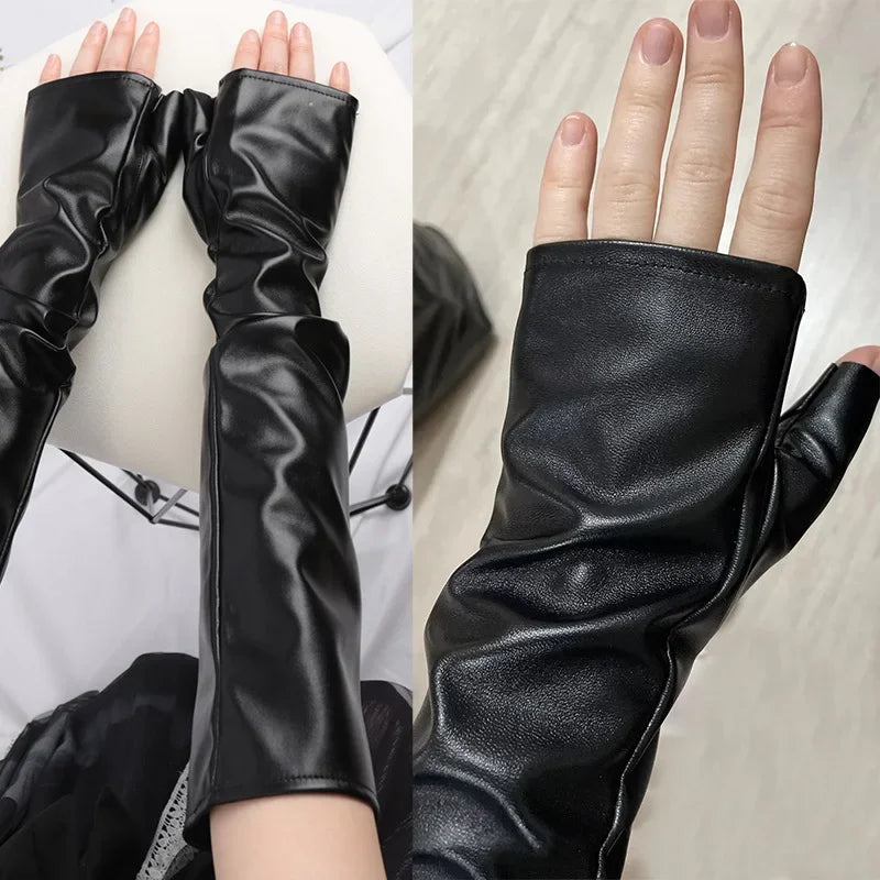 Women Long Fingerless Gloves Sexy PU Leathers Female Hip Pop Mittens Qme