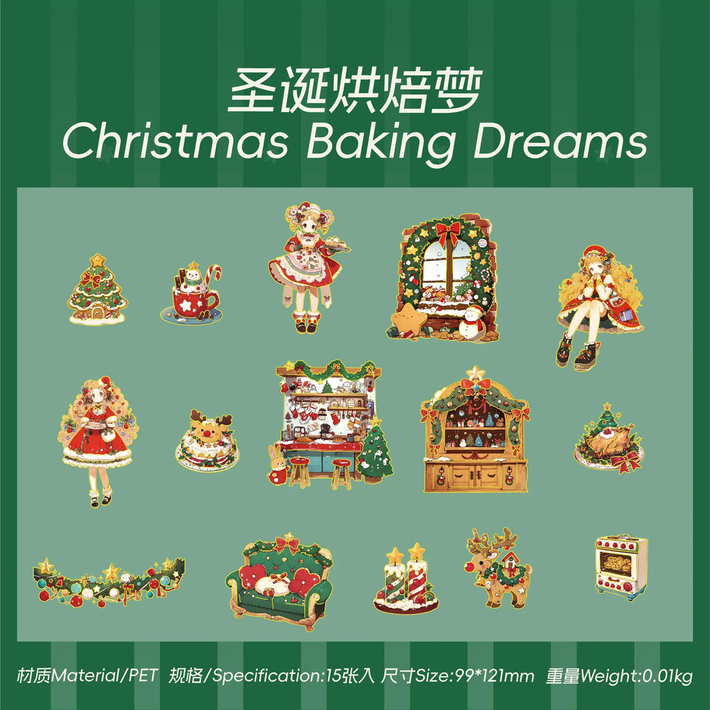 15sheets/bag Adorable Christmas Theme Large PET Sticker Pack for Scrapbooking Journaling DIY Photo Frame Collage Decoration Qme 1
