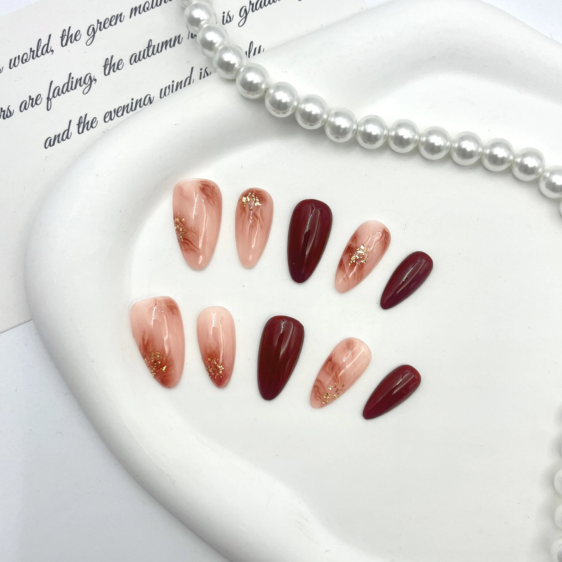 Caramel Colored Amber Gold Foil Handmade Short Fake Nails Press Full Qme GJ-CDJ-1645-S
