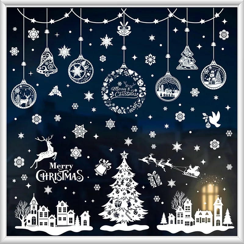 9pcs Snowflake Christmas Window Stickers Reindeer New Year Decal Wall Sticker White Christmas Electrostatic Stickers Decorations Qme