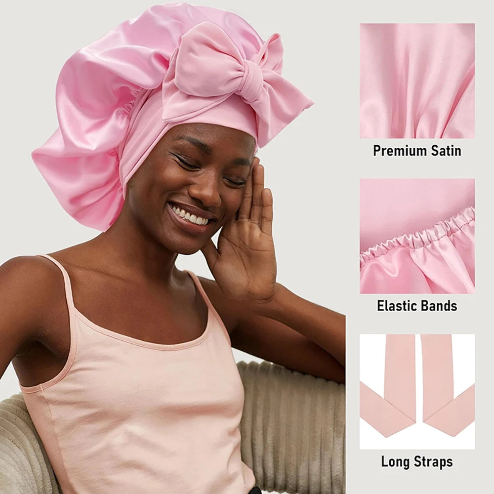 New Satin Solid Sleeping Hat With Stretchy Tie Band Elastic For Women Night Shower Cap Adjustable Hair Head Cover Bonnet Turban Qme