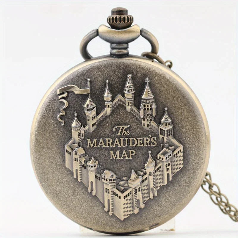 Vintage Castle Embossed Marauder Map Pocket Watch with Bronze Chain - A Timeless Accessory! Qme