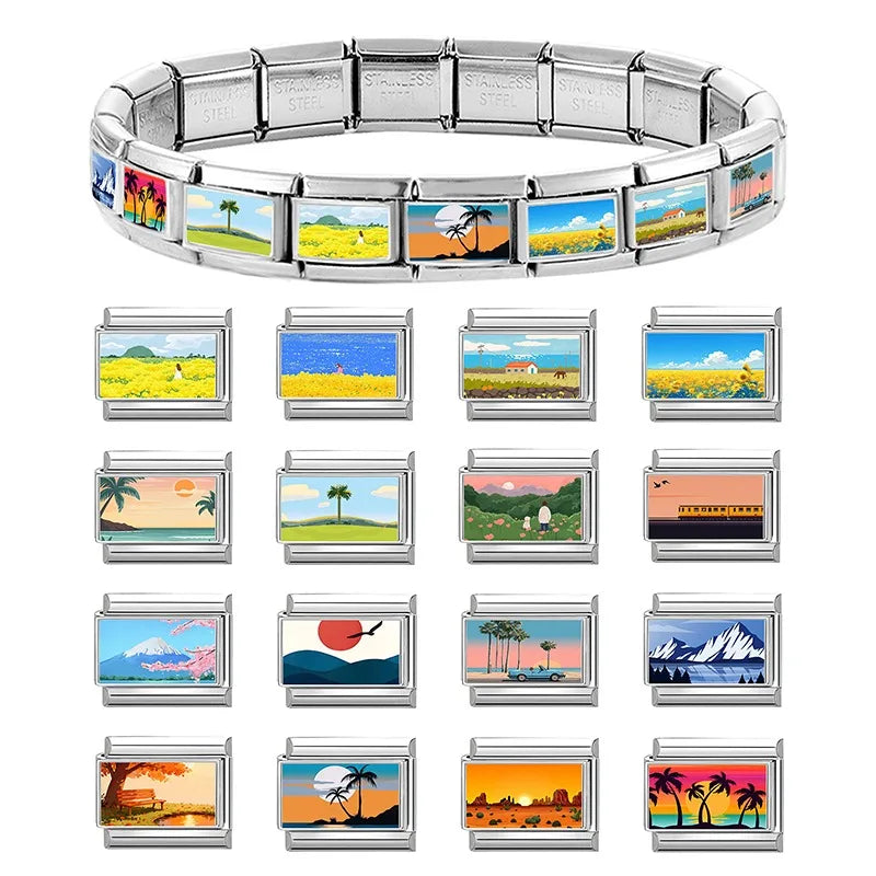 Fashion Colorful Scenery Boat Swan Lake Snow Mountain Charm Italian Link 9mm Bracelets Bangle Stainless Steel DIY Making Jewelry Qme