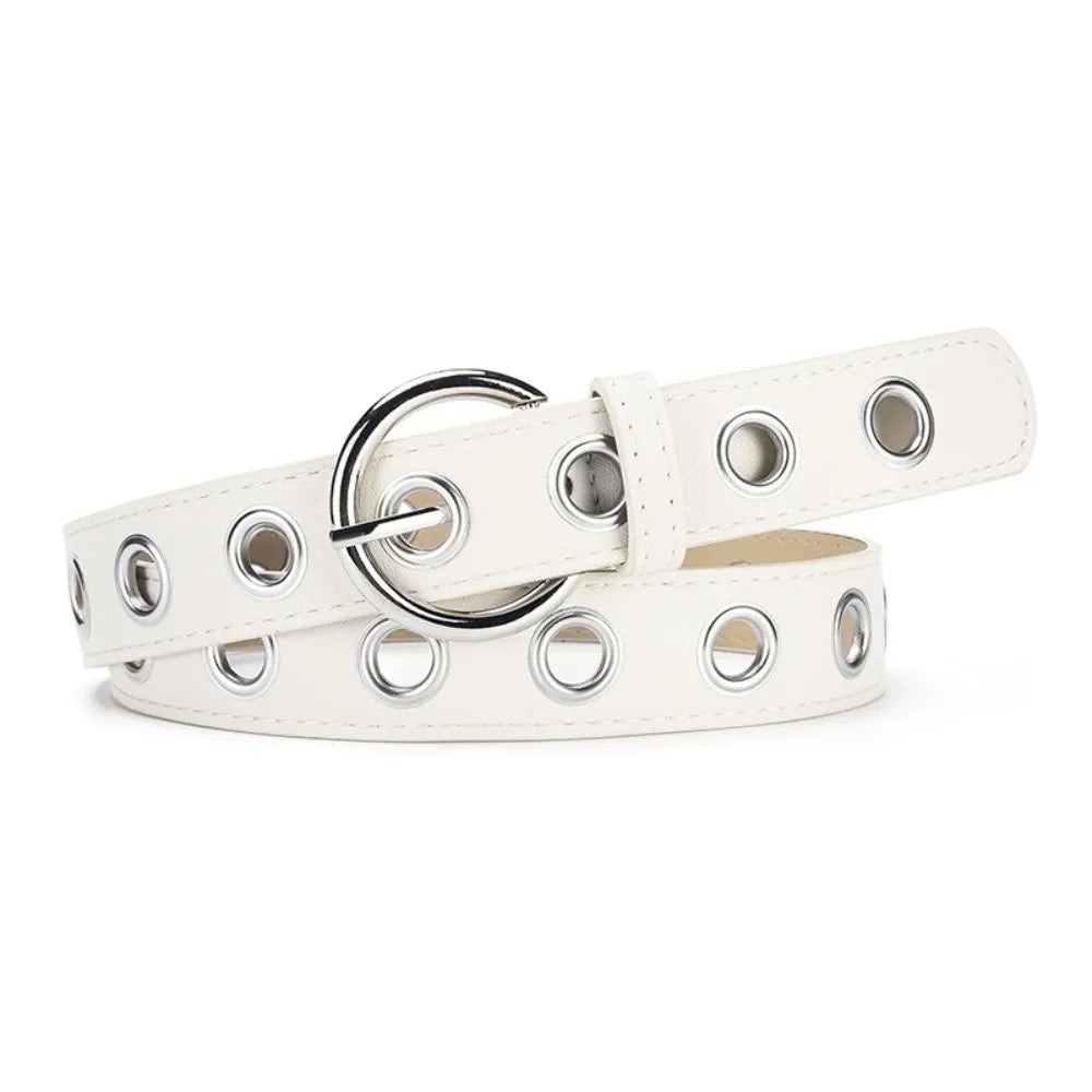 Adjustable Fashion Grommet Belt Durable Parallel Holes Punk Rock Waistband Universal Width Fit Polished Metallic Shine Qme Beige