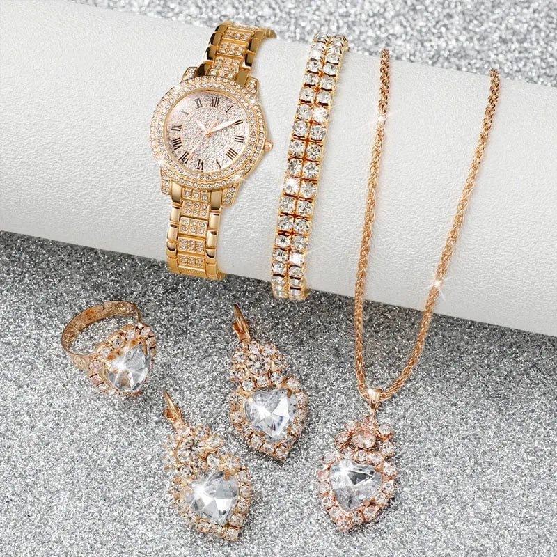 6PCS/Set Fashion Full Diamond Women's Watch Gold Steel Band Quartz Watches Diamond Jewelry Set Qme