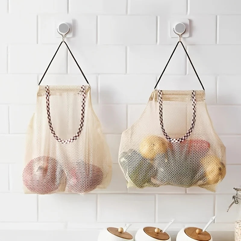1pc Classic Style Hanging Mesh Storage Bag with Window-View - Multipurpose Fabric Shelf Basket for Fruit and Vegetable Qme