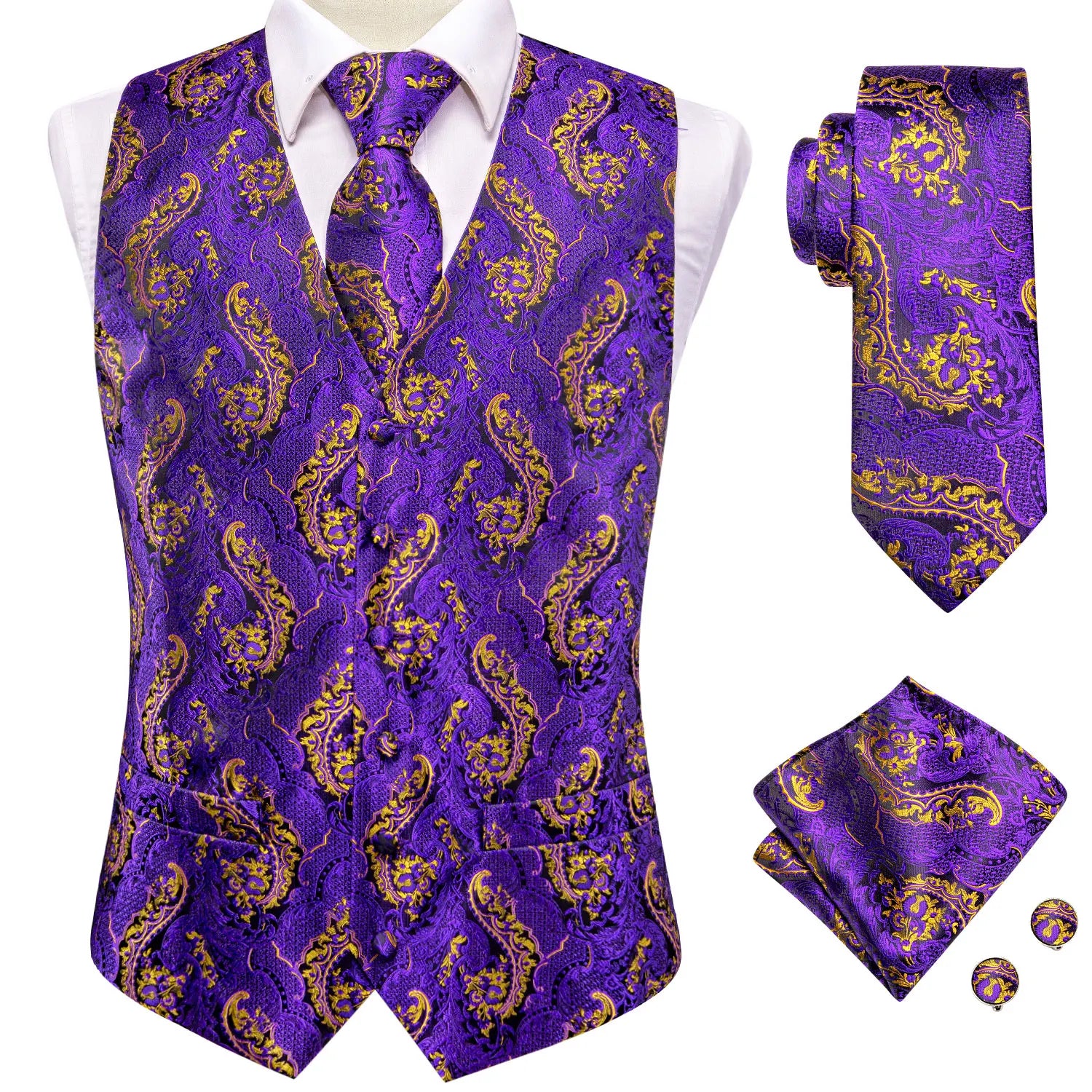 Mens Purple Suit Vest Tie Hanky Cufflinks Set Jacquard Floral Paisley Waistcoat Sleeveless Jacket for Male Wedding Busniess Qme MJTZ3005 XXXL