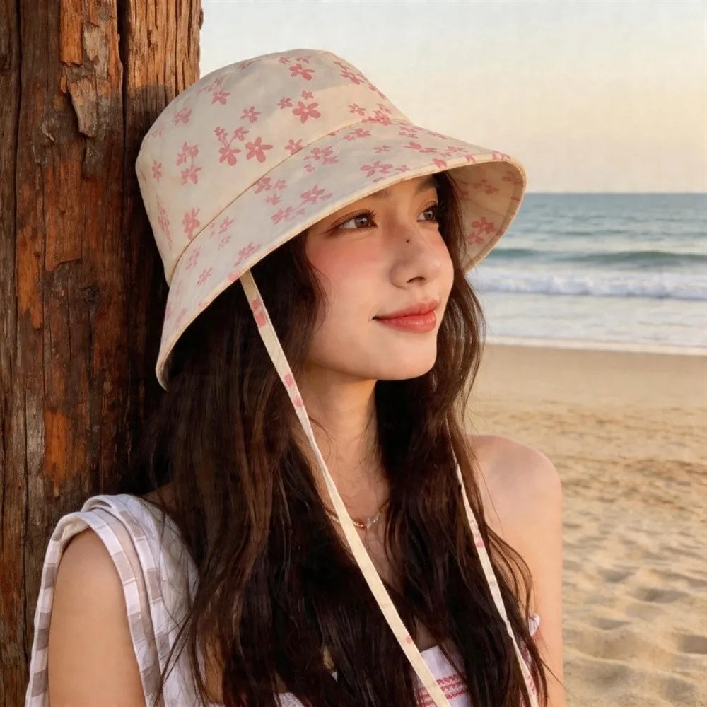 Cute Polyester Floral Print Bucket Hat Double Sided Adjustable Sun Hat Wide Brim Foldable Basin Cap Women Qme