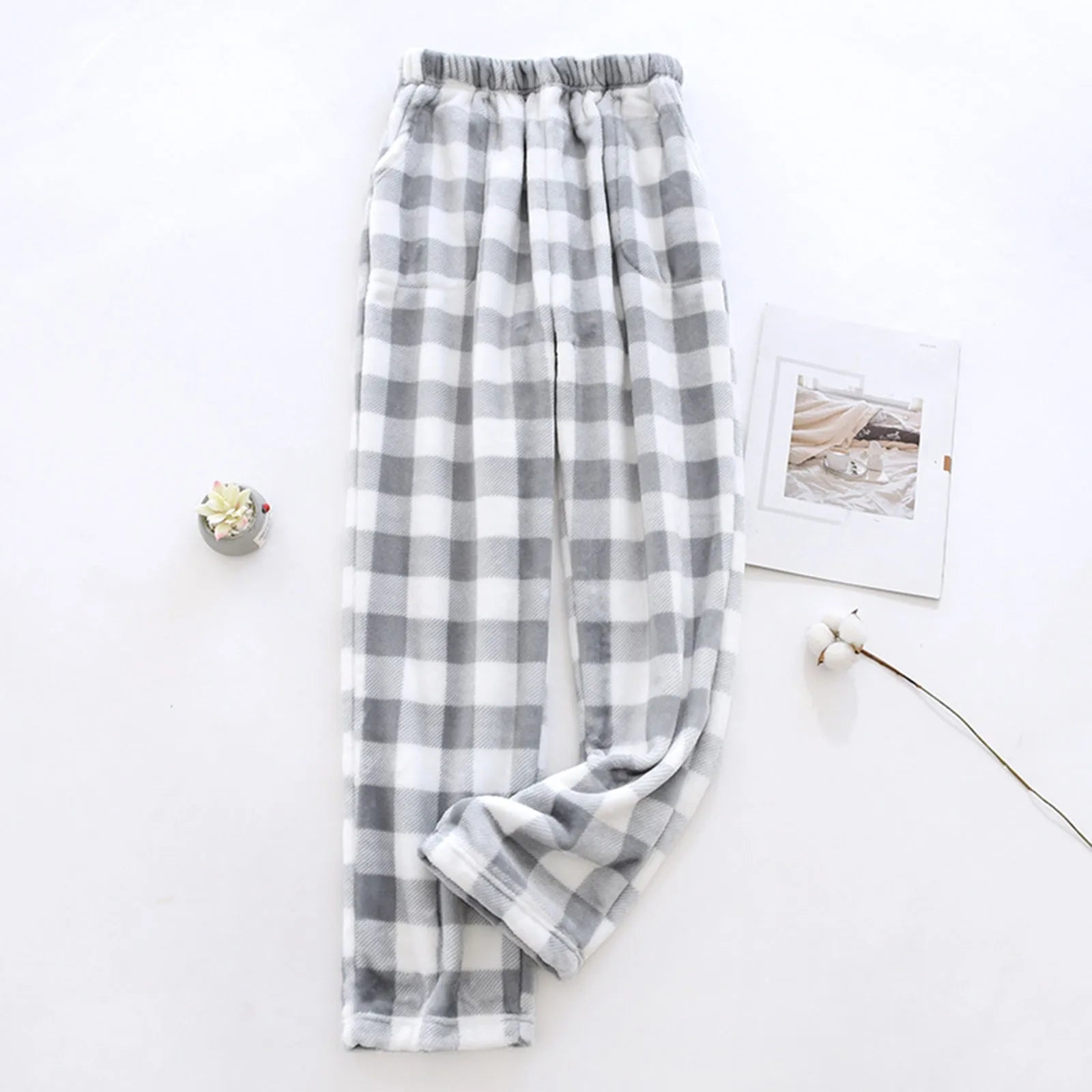 Comfortable Winter Thick Plaid Women's Flannel Pajama Pants High Waist Loose Casual Straight Big Size Fleece Warm Home Trousers Qme Gray XL
