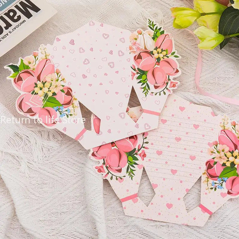 3D Bouquet Bow Hot Stamping Greeting Card Valentine's Day Wedding Bouquet Invitation Letter Holiday Blessing Gift Message Card Qme